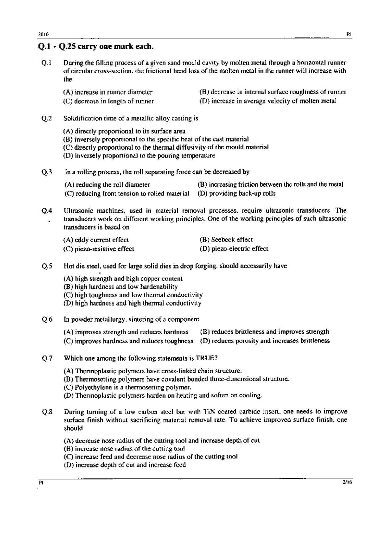 GATE 2010 Production and Industrial Engineering (PI) Question Paper with Answer Key - Page 2