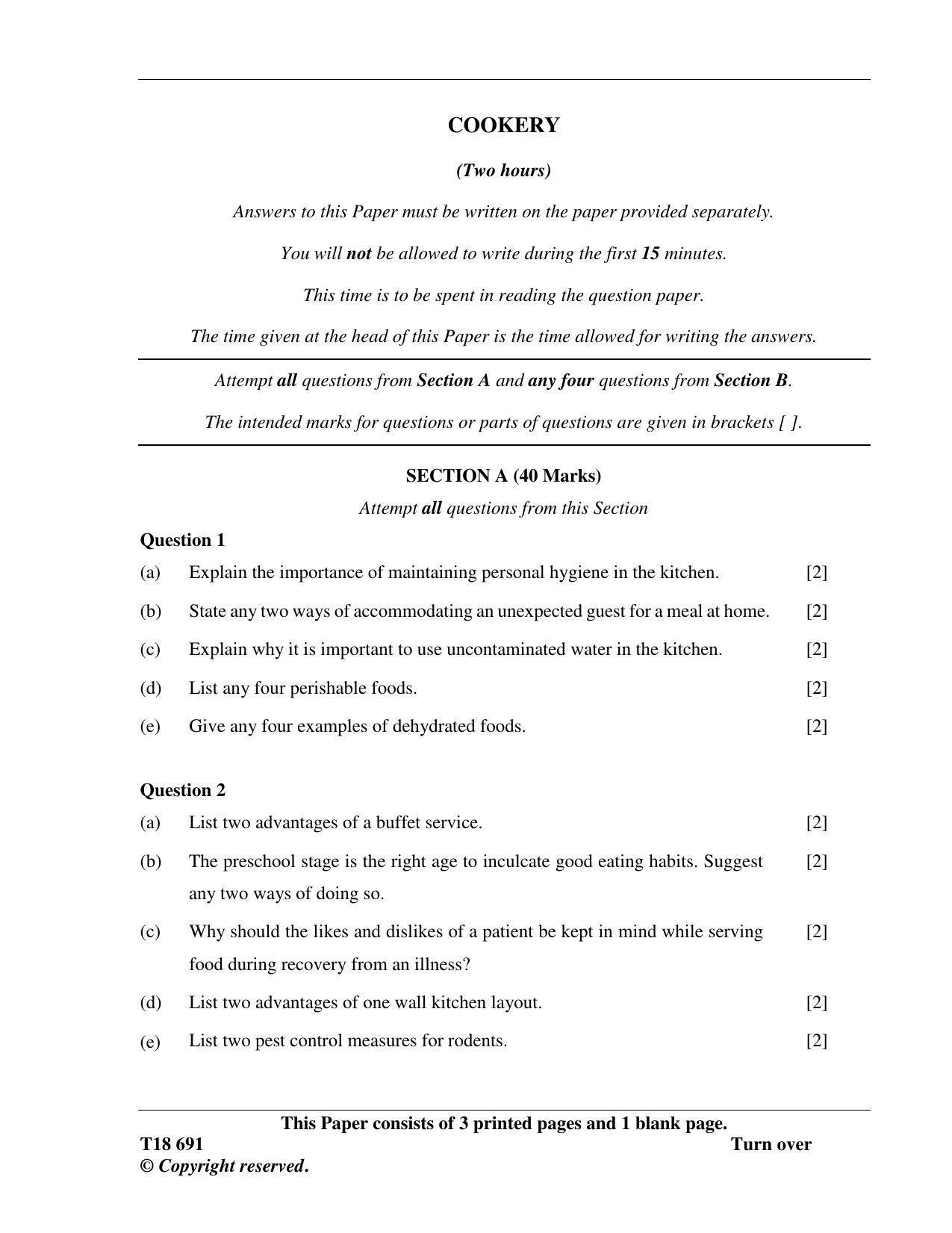 ISC Class 12 2018 Cookery Question Paper - Page 1