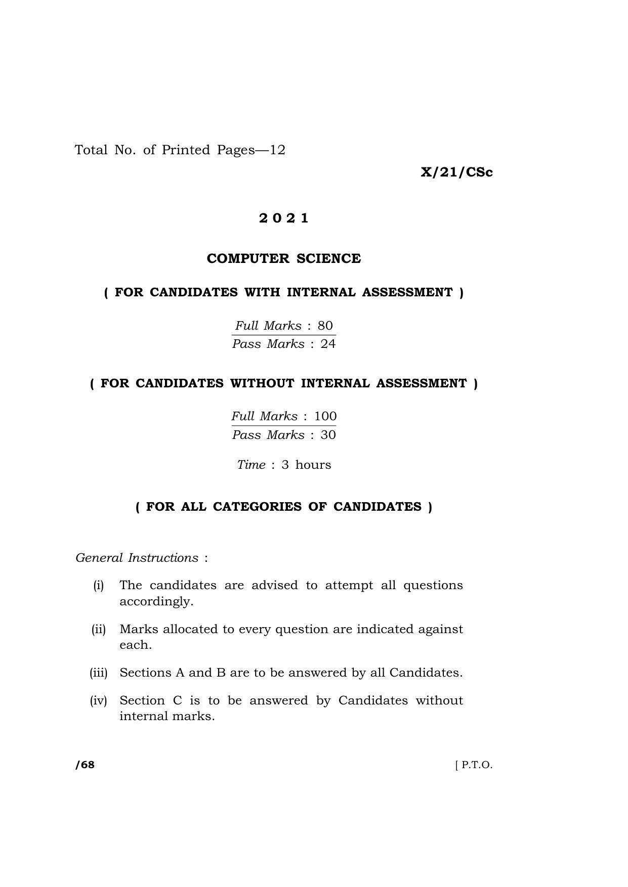 Meghalaya Board (MBOSE) Class 10 COMPUTER SCIENCE  (X-21-CSc) 2021 Question Paper - Page 1