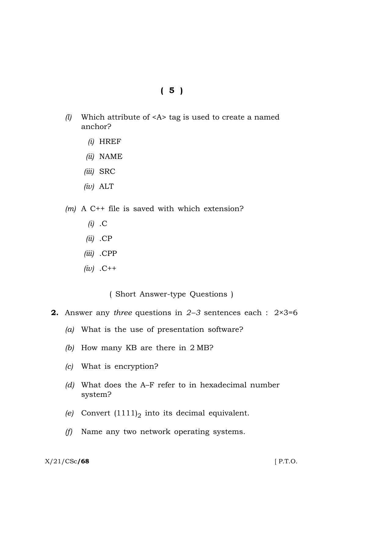 Meghalaya Board (MBOSE) Class 10 COMPUTER SCIENCE  (X-21-CSc) 2021 Question Paper - Page 5