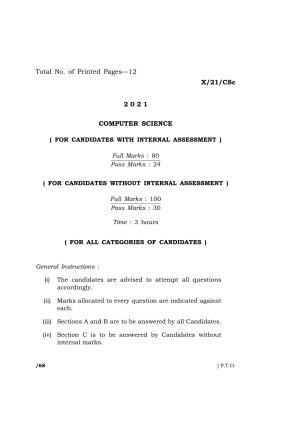 Meghalaya Board (MBOSE) Class 10 COMPUTER SCIENCE  (X-21-CSc) 2021 Question Paper