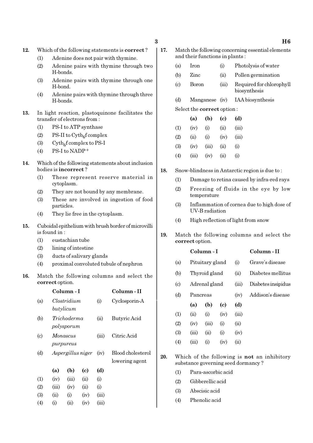 NEET H6 2020 Question Paper - Page 3