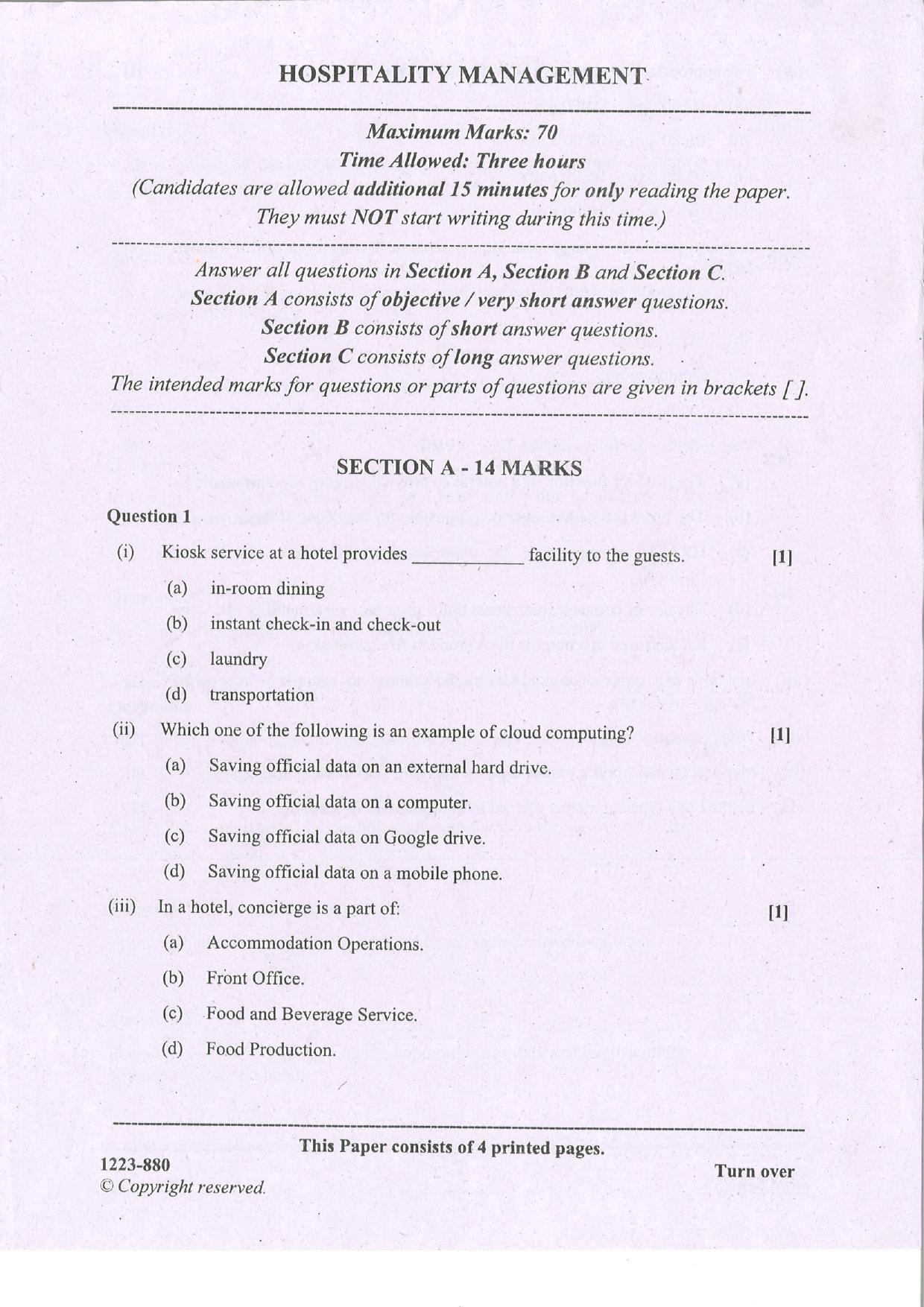 ISC Class 12 Hospitality Management 2023 Question Paper - Page 1