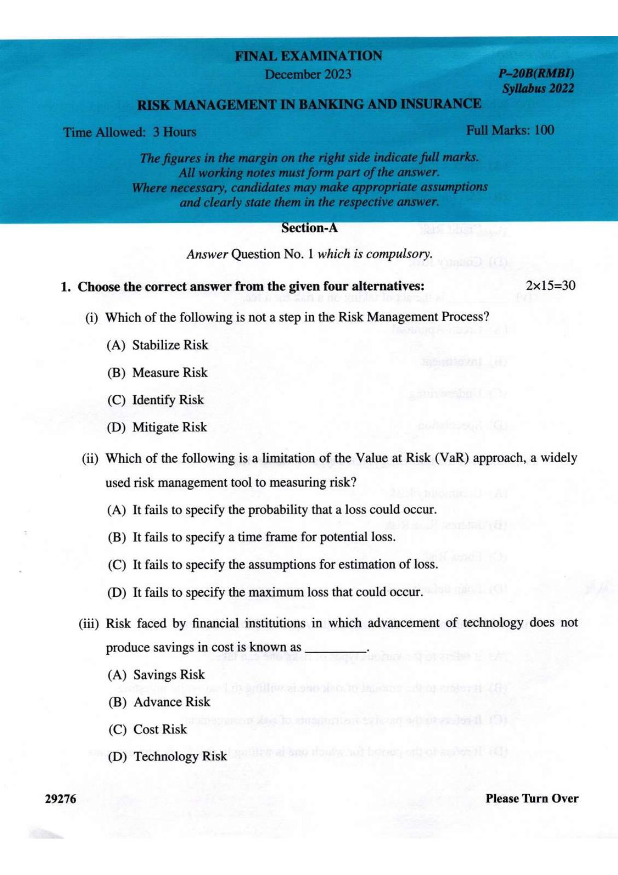 ICMAI Final December 2023 Question Paper - Risk Management In Banking And Insurance - Page 1