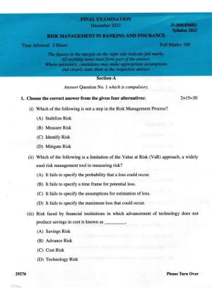 ICMAI Final December 2023 Question Paper - Risk Management In Banking And Insurance