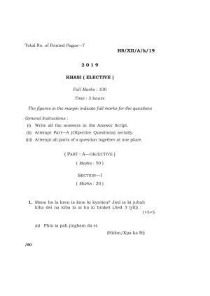 Meghalaya Board (MBOSE) Class 12 KHASI ( ELECTIVE ) 2019 Question Paper