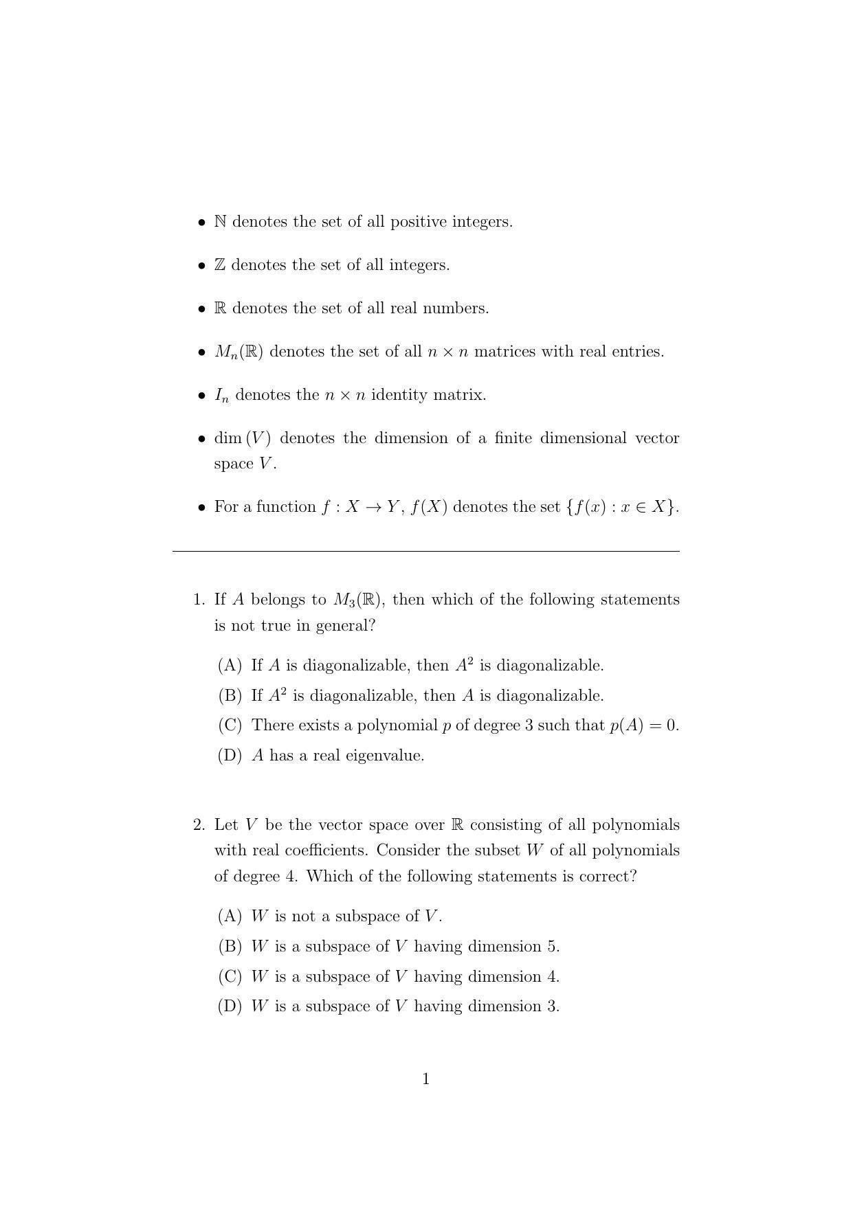 ISI Admission Test M.Math.PMA 2022 Sample Paper - Page 1