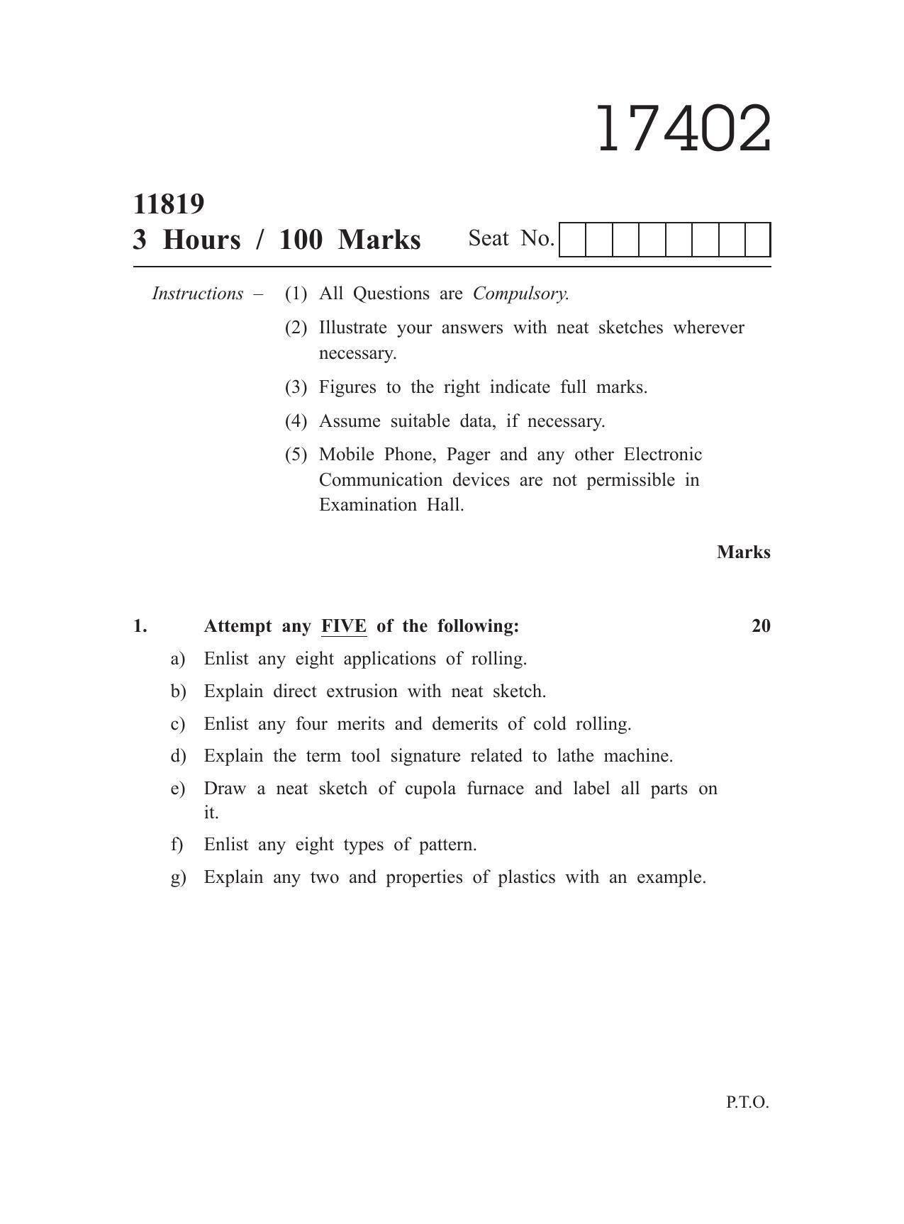 MSBTE Question Paper - 2018 - Manufacturing Processes - Page 1