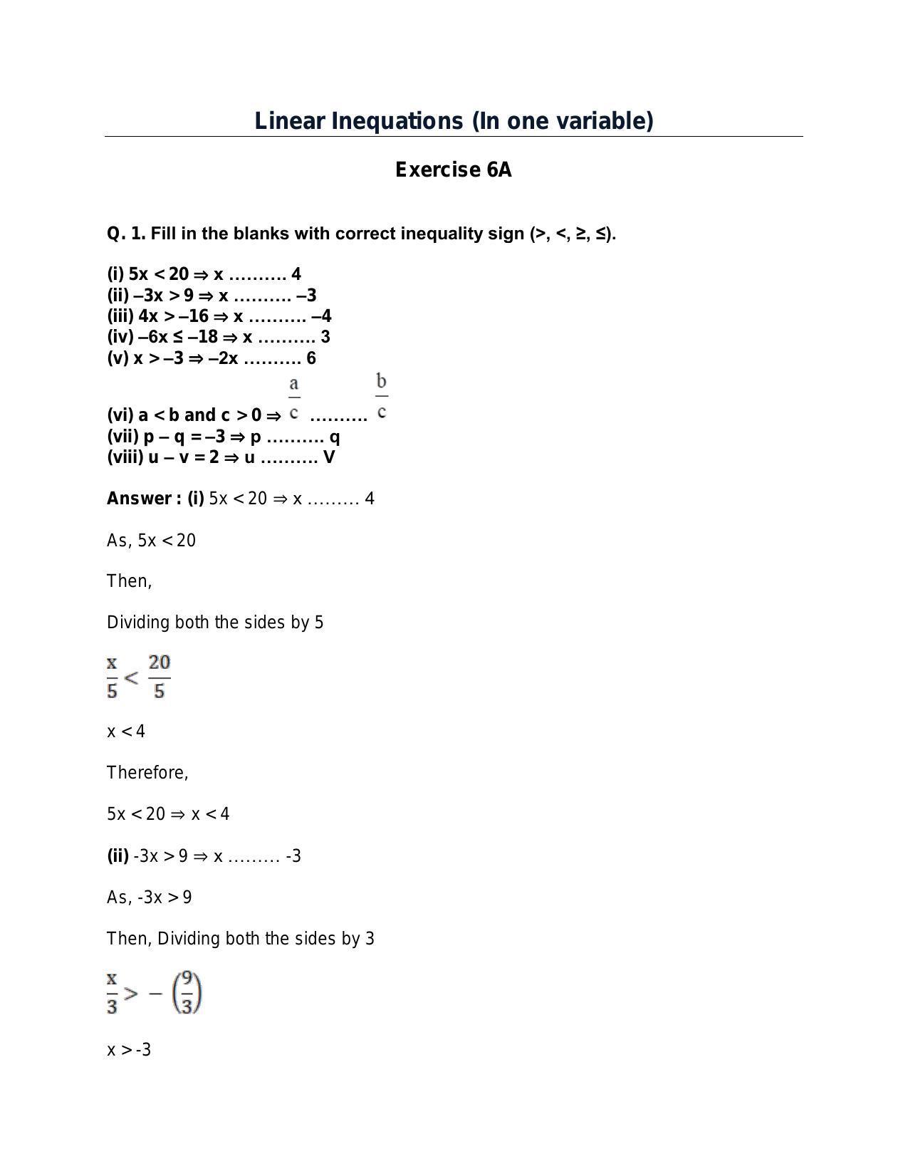 Chapter 6: Linear Inequations (In One Variable): RS Aggarwal Class 11 Solutions - Page 1