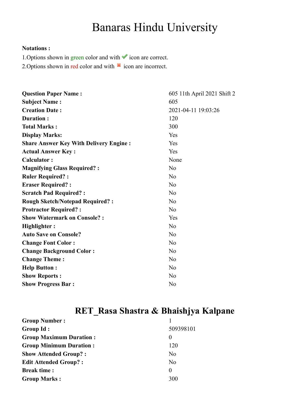 BHU RET Rasa Shastra & Bhaishjya Kalpane 2020 Question Paper  - Page 1