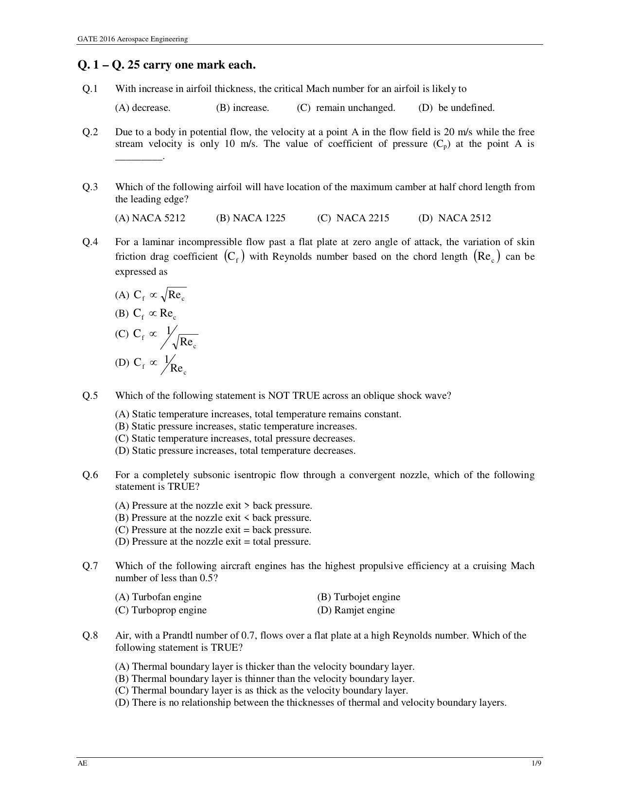 GATE 2016 Aerospace Engineering (AE) Question Paper with Answer Key - Page 4