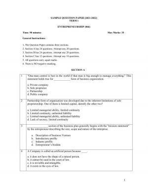 CBSE Class 12 Entrepreneurship Sample Paper 2021-22