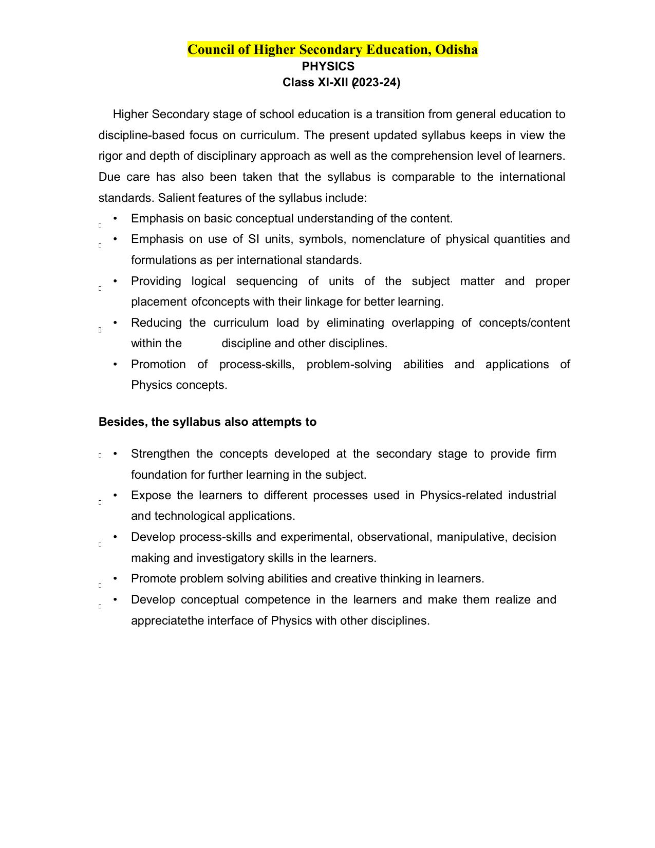 CHSE Odisha Class 12 Syllabus for Physics - Page 1