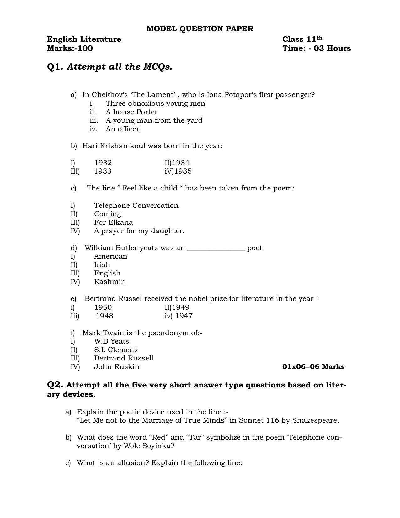 JKBOSE Class 11 English Literature Model Question Paper 2023 - Page 2