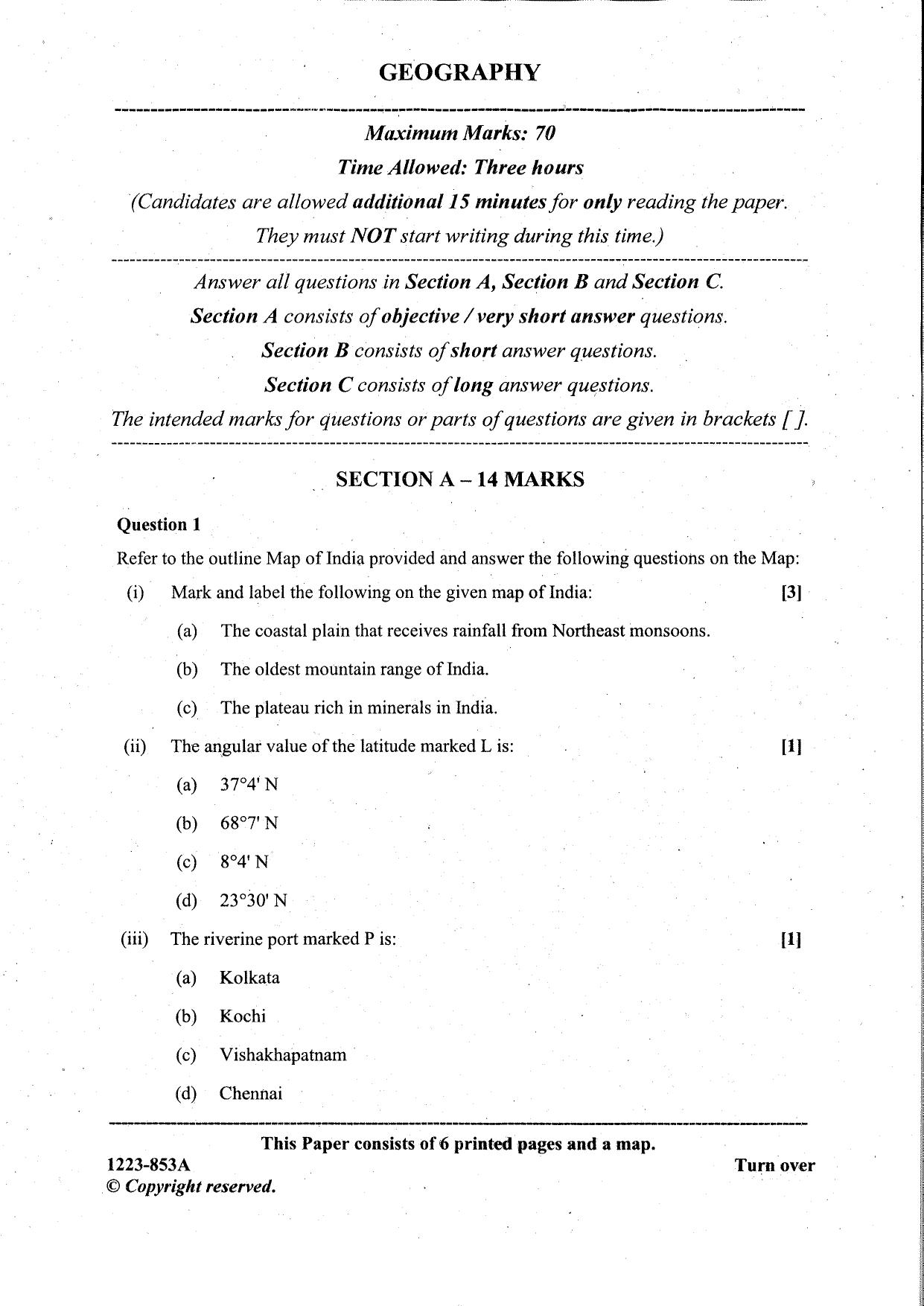 ISC Class 12 Geography 2023 Question Paper - Page 1