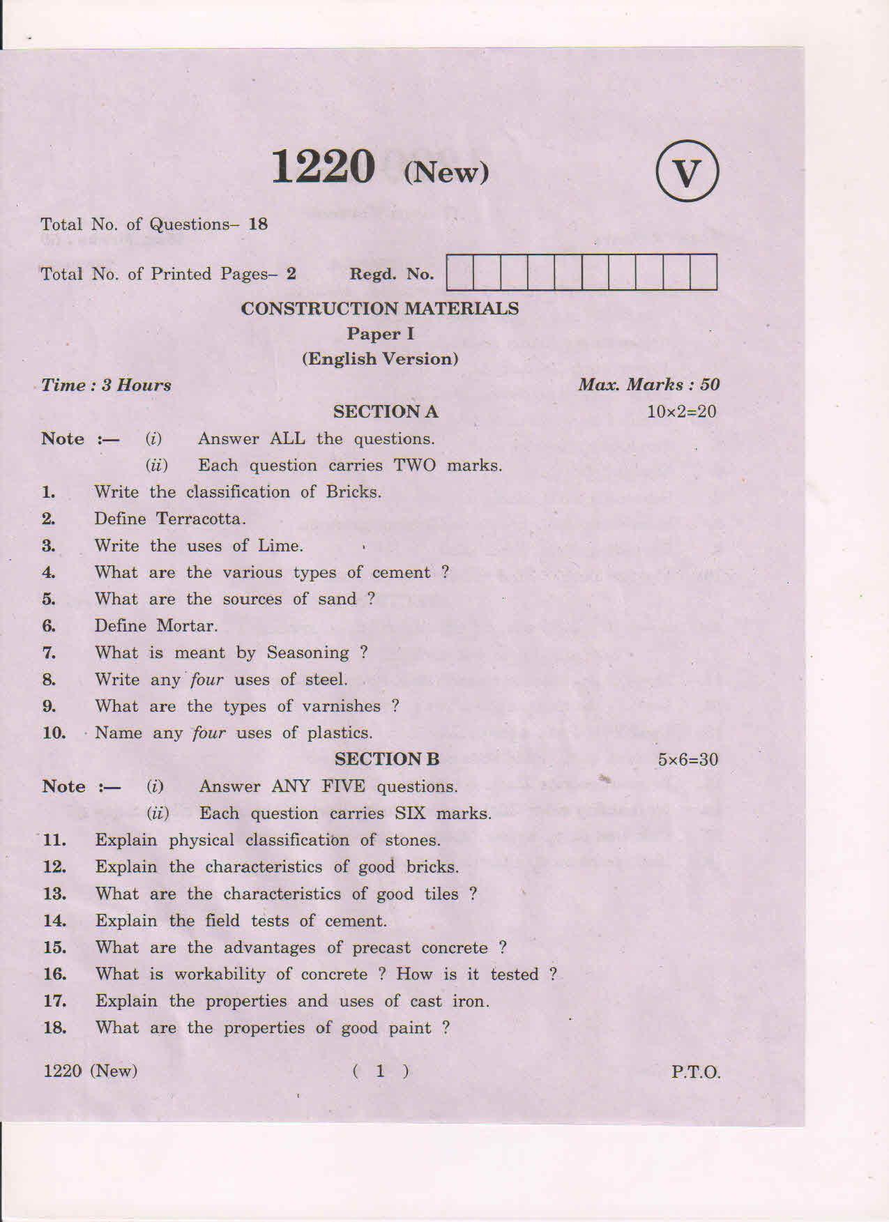 AP Inter 1st Year Construction Materials-I (New) March-2019-Vocational Question Paper - Page 1