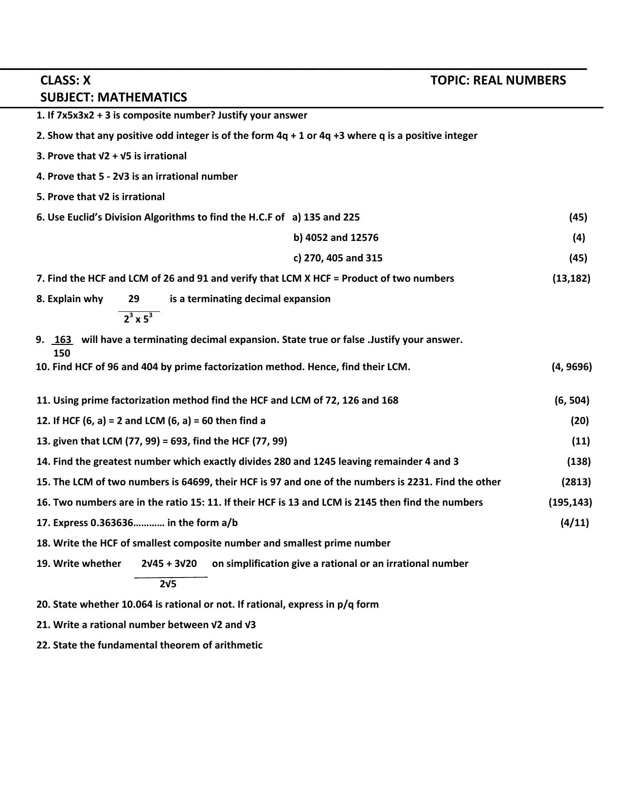 CBSE Worksheets for Class 10 Maths Real Numbers Assignment 6 - Page 1