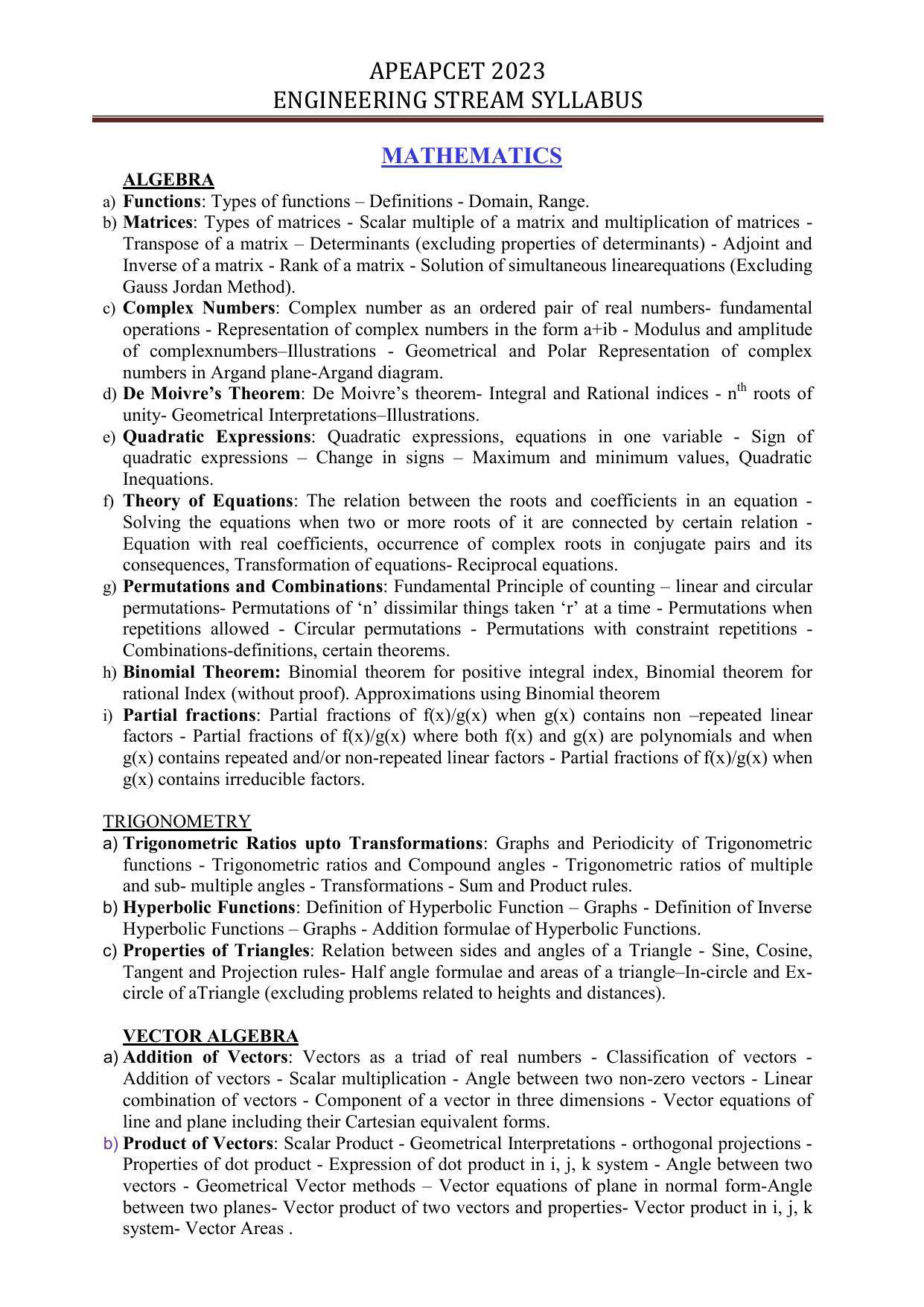 AP EAPCET Engineering Syllabus - Page 1