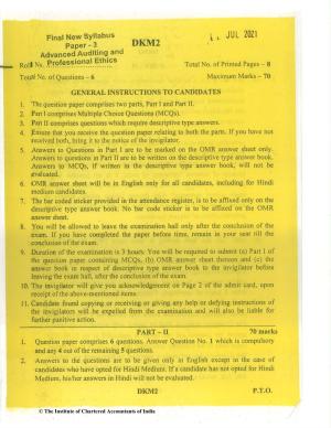 CA Final Jul 2021 Question Paper - Paper 3 – Advanced Auditing and Professional Ethics