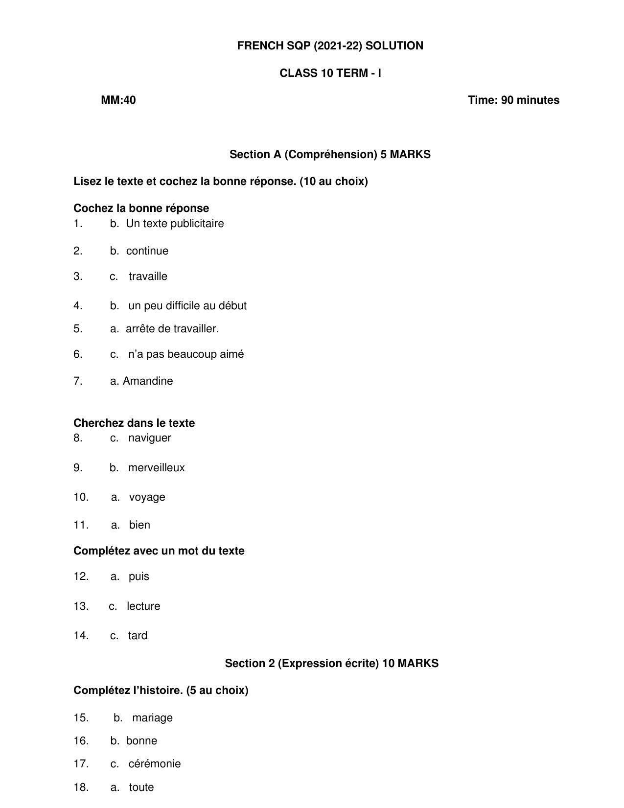 CBSE Class 10 French Marking Scheme and Solutions 2021-22 - Page 1