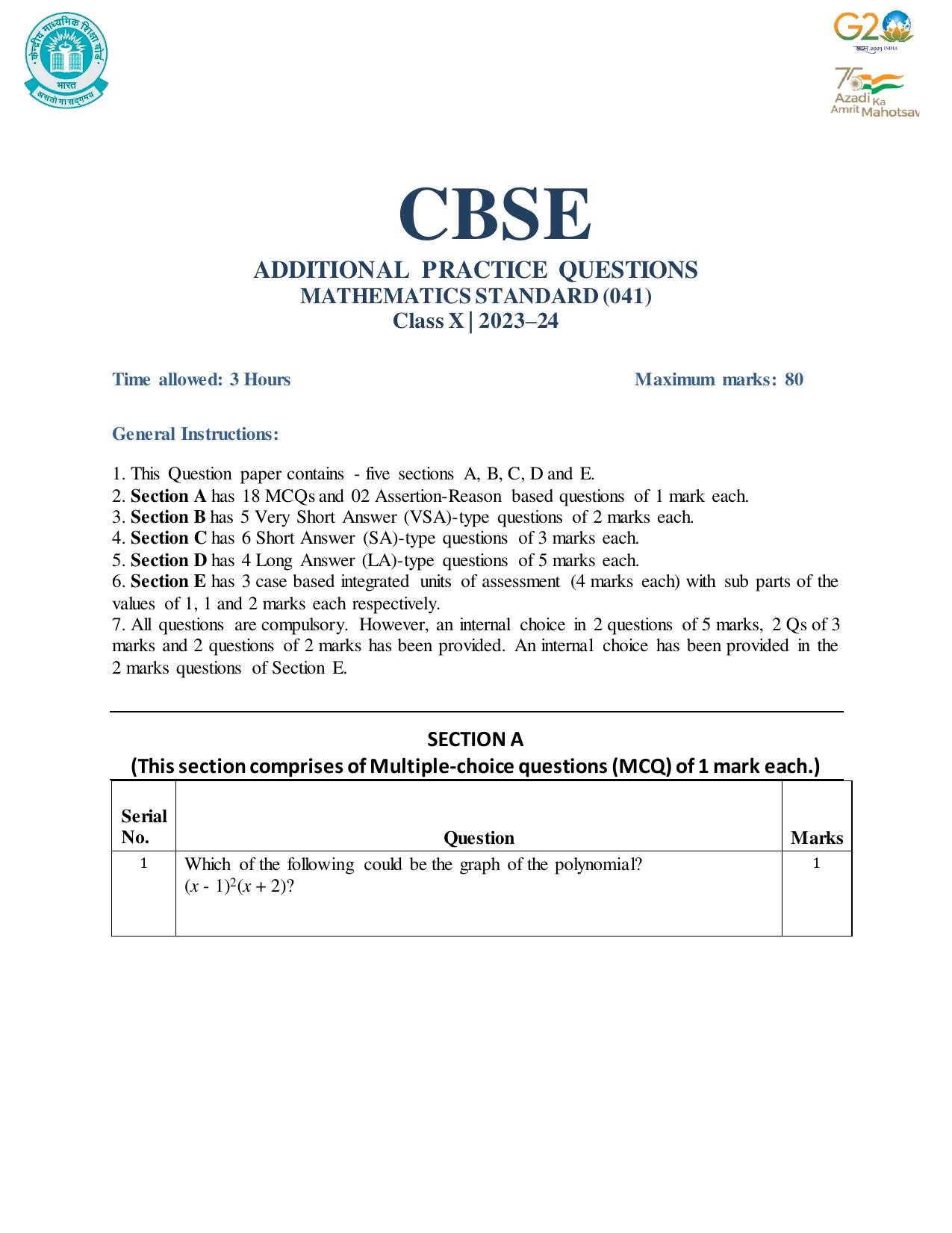 CBSE Class 10 Mathematics Set 1 Practice Questions 2023-24 - Page 1