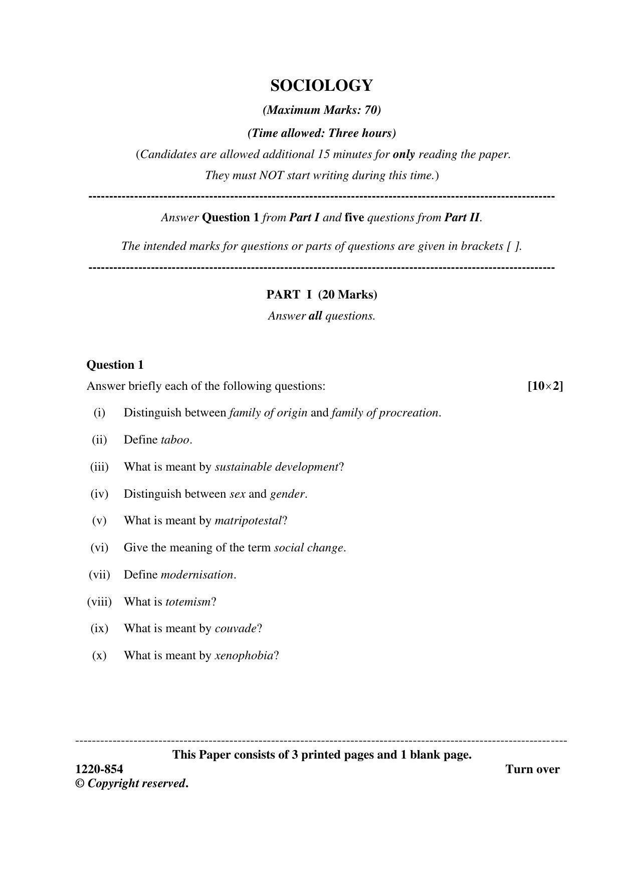 ISC Class 12 2020 Sociology Question Paper - Page 1