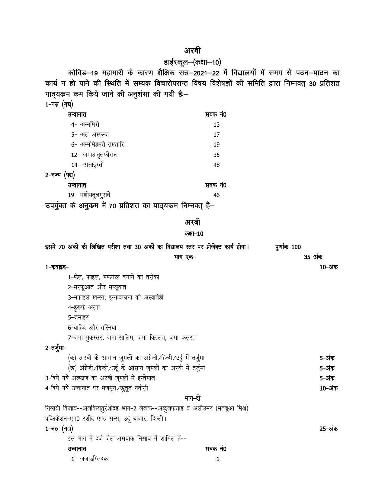 UP Board 10th Syllabus Arabic - Page 1
