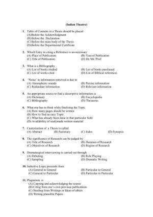 PU MPET Indian Theatre 2020 Question Papers