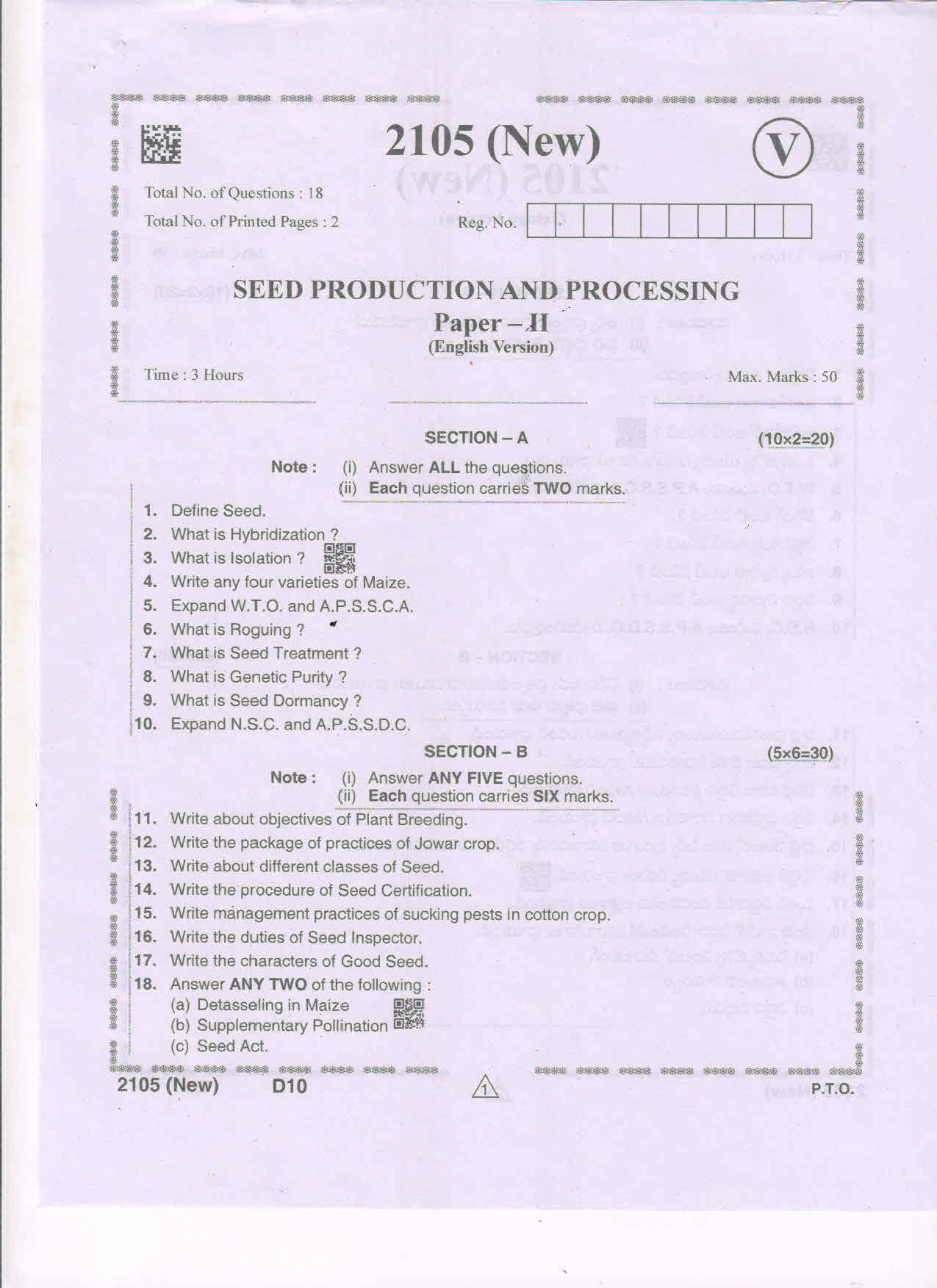 AP Intermediate 2nd Year Vocational Question Paper September-2021 - Seed_Production&Processing(NEW)-II - Page 1