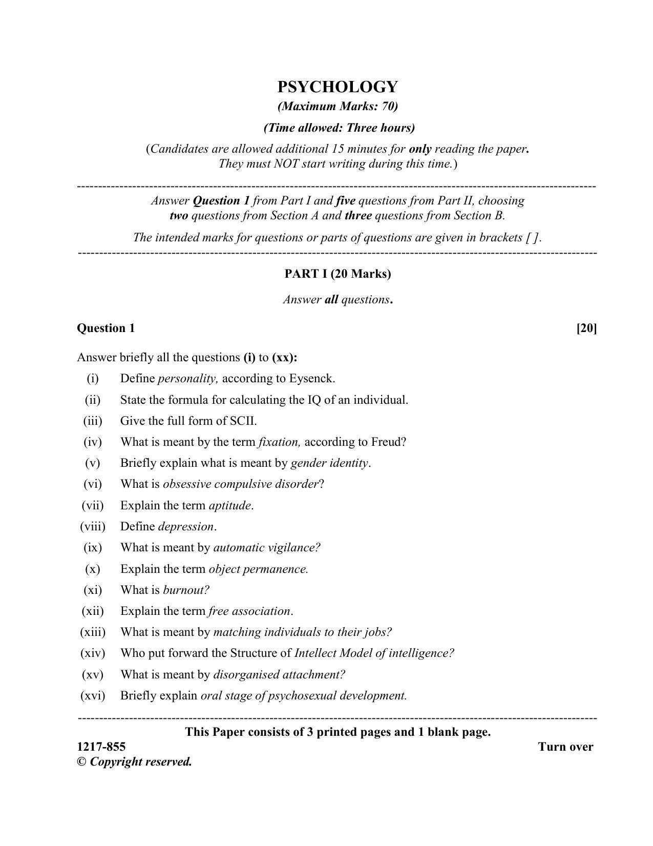 ISC Class 12 2017 PSYCHOLOGY Question Paper - Page 1