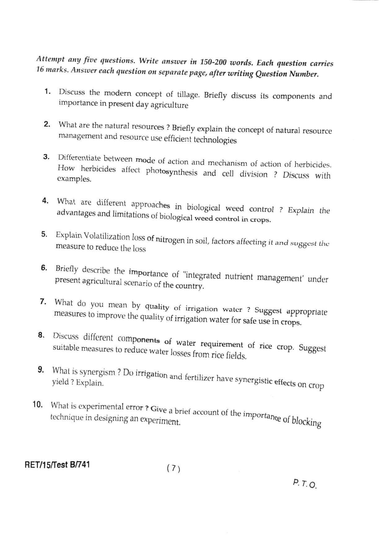BHU RET AGRONOMY 2015 Question Paper - Page 9