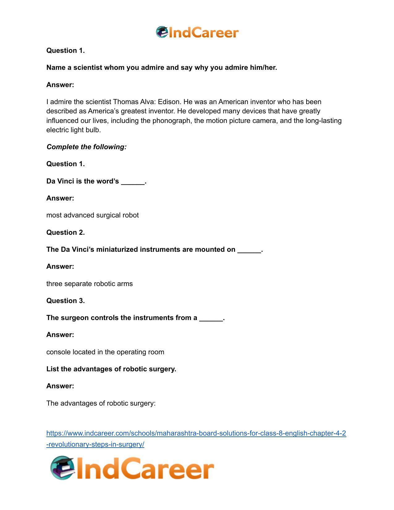 Maharashtra Board Solutions for Class 8- English: Chapter 4.2- Revolutionary Steps in Surgery - Page 20