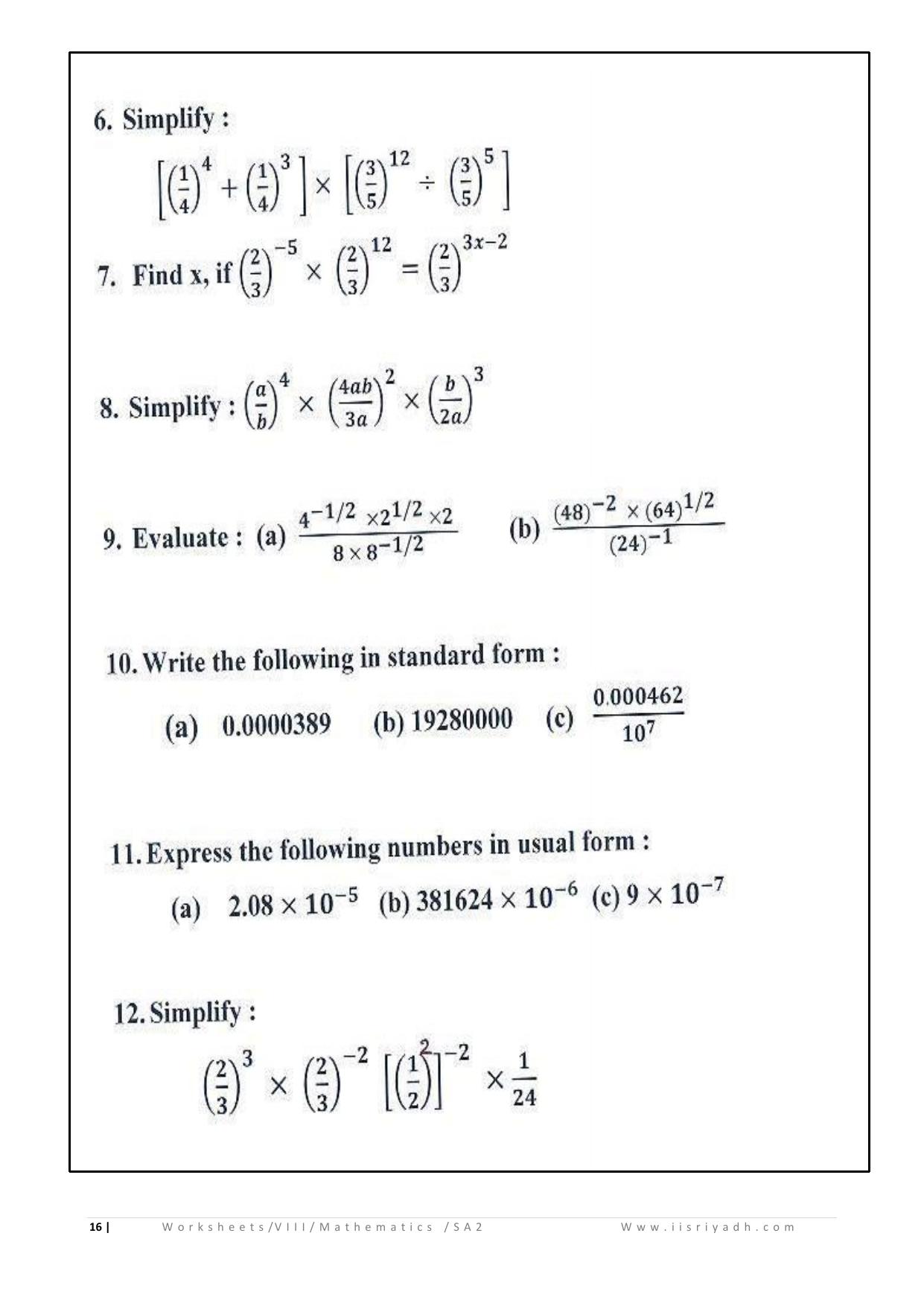 CBSE Worksheets for Class 8 Mathematics Exponents and Powers Assignment 2 - Page 2