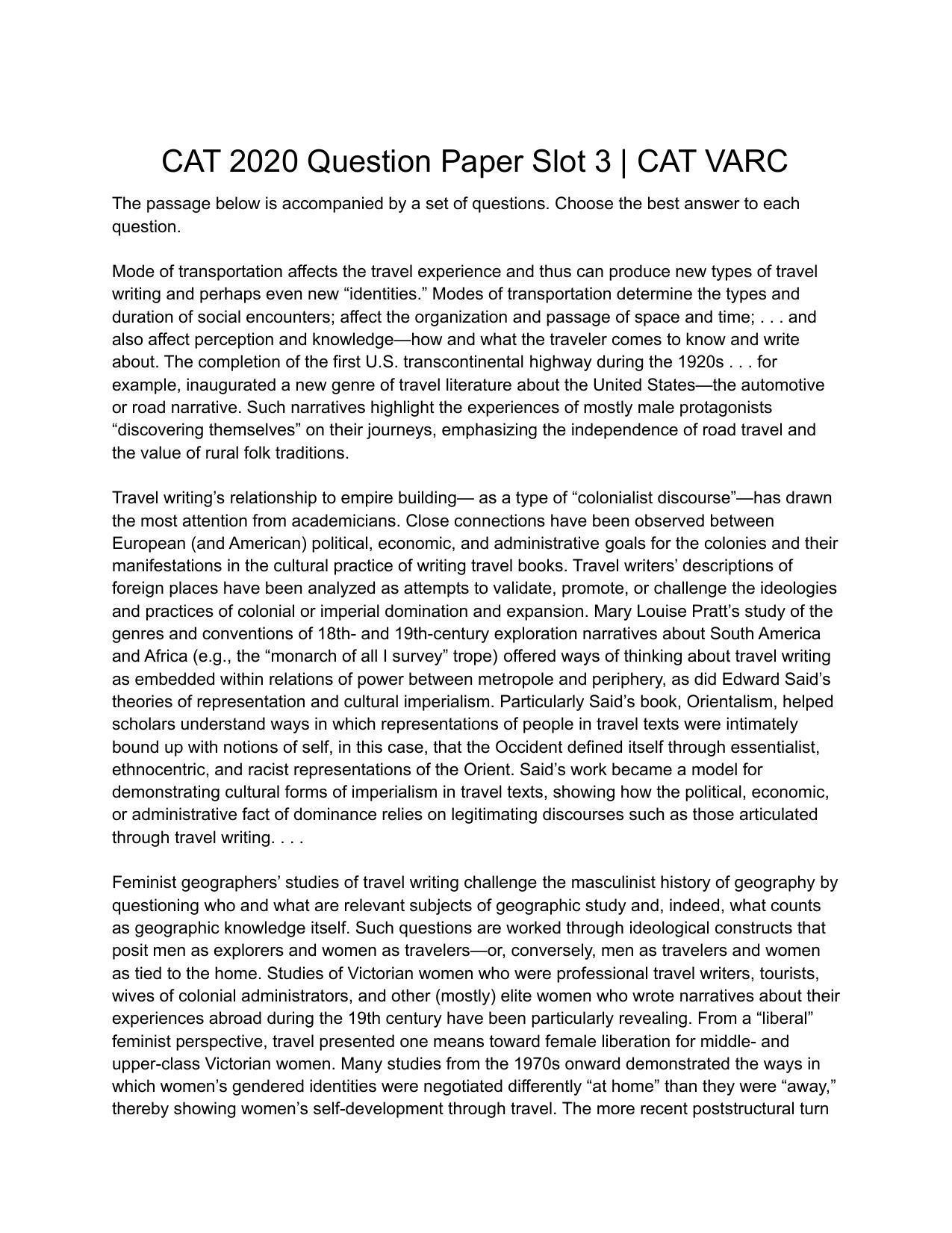 CAT 2020 CAT VARC Slot 3 Question Paper - Page 1