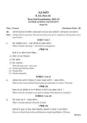 Bilaspur University Question Paper 2021-2022:Bachelor Of Physical Education  (Second Year) Gender School & Society paper 1