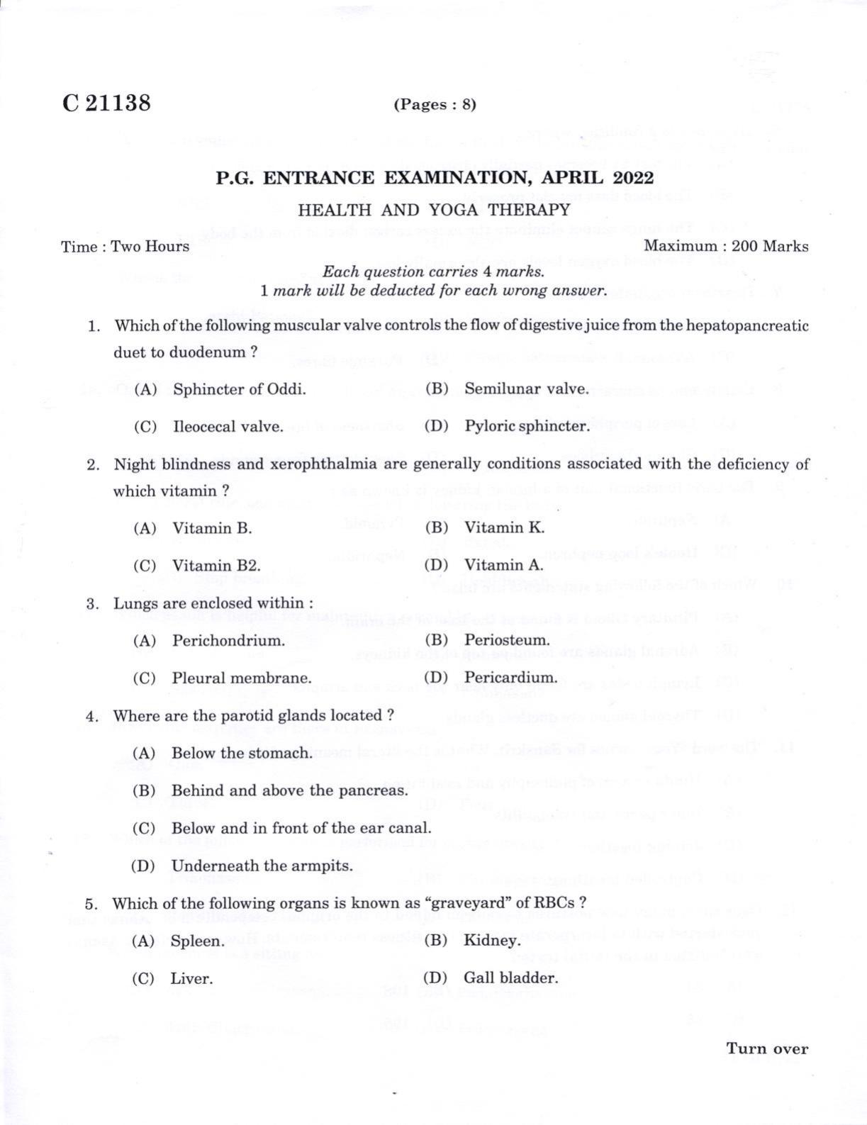 CUCAT 2022 M.Sc Health & Yoga Therapy Question Paper - Page 1