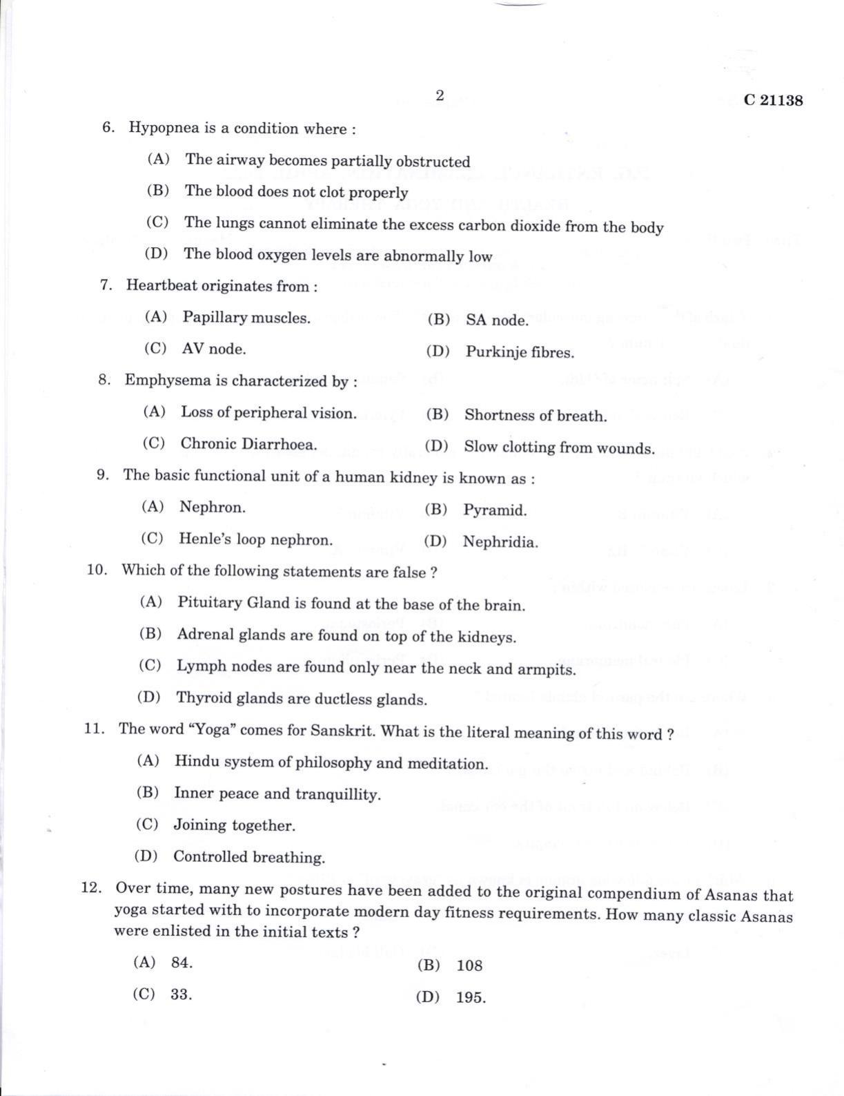 CUCAT 2022 M.Sc Health & Yoga Therapy Question Paper - Page 2