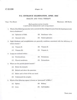 CUCAT 2022 M.Sc Health & Yoga Therapy Question Paper