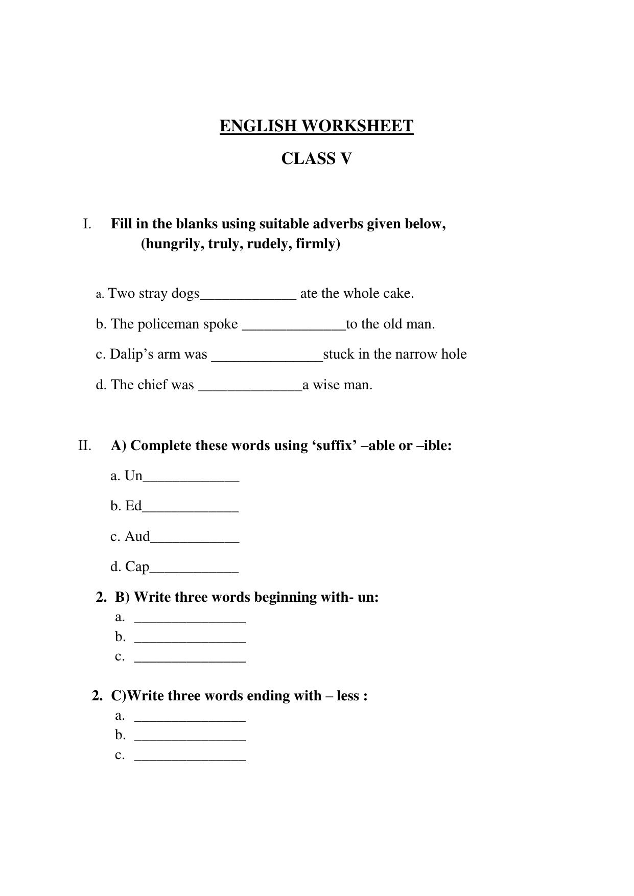 Worksheet for Class 5 English Assignment 15 - Page 1