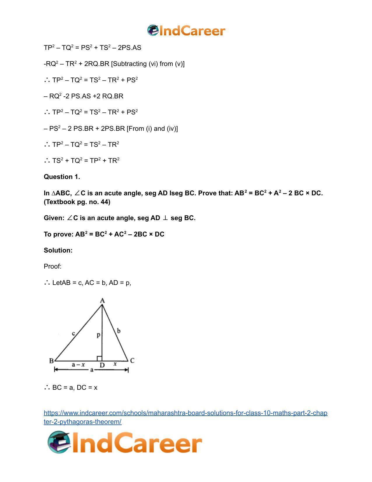 Maharashtra Board Solutions for Class 10-Maths (Part 2): Chapter 2- Pythagoras Theorem - Page 22