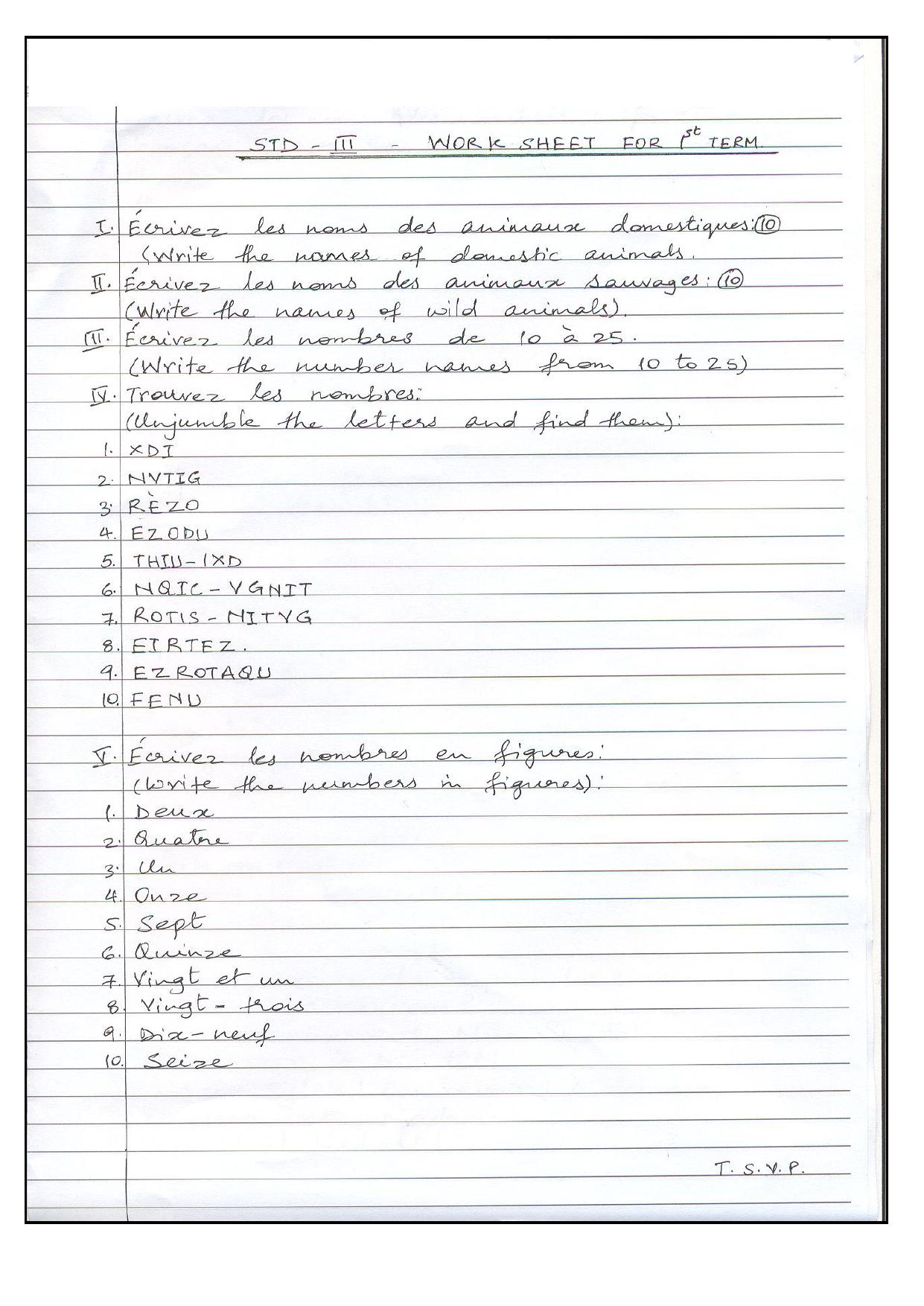 Worksheet for Class 3 French Assignment 5 - Page 1