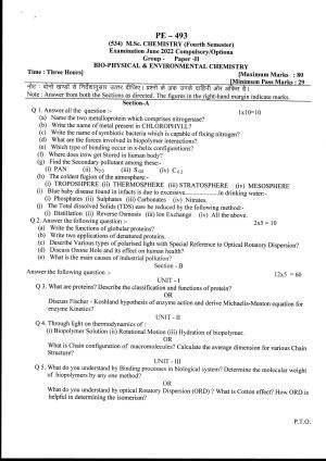 Bilaspur University Question Paper June 2022: M.Sc. Chemistry (Fourth Semester) Bio-Physical & Environmental chemistry Paper 1