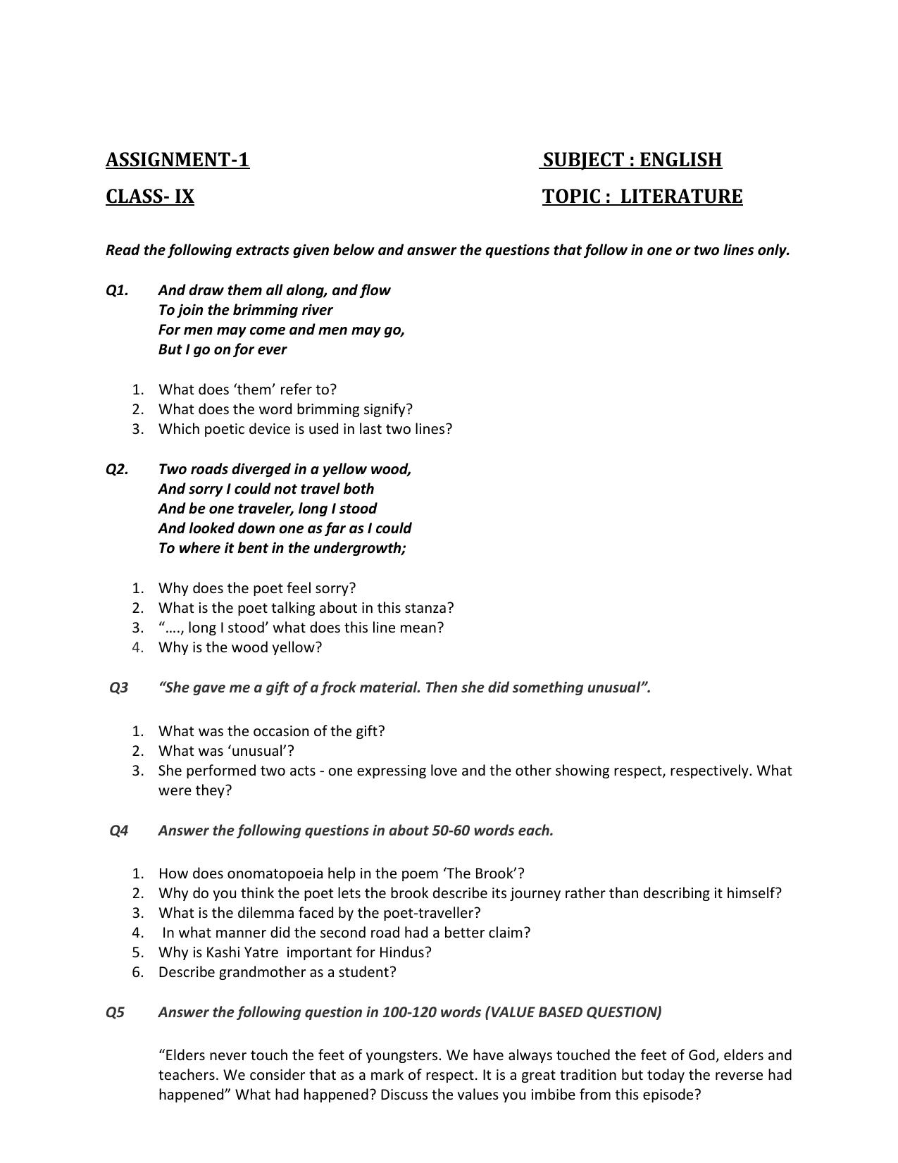 CBSE Worksheets for Class 9 English Assignment 21 - Page 1