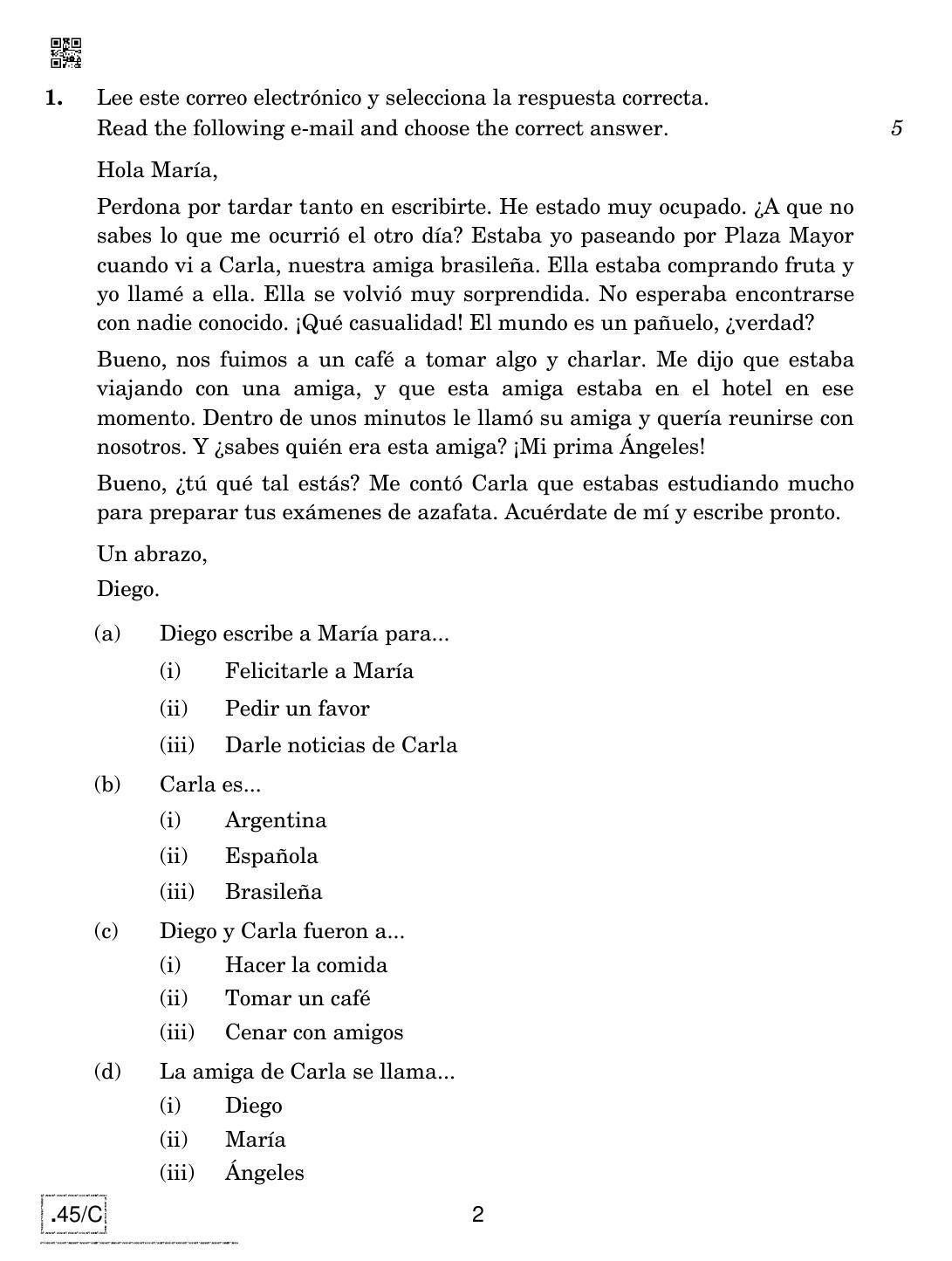 CBSE Class 10 Spanish 2020 Compartment Question Paper - Page 2