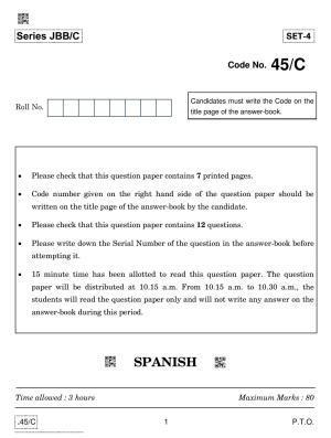 CBSE Class 10 Spanish 2020 Compartment Question Paper
