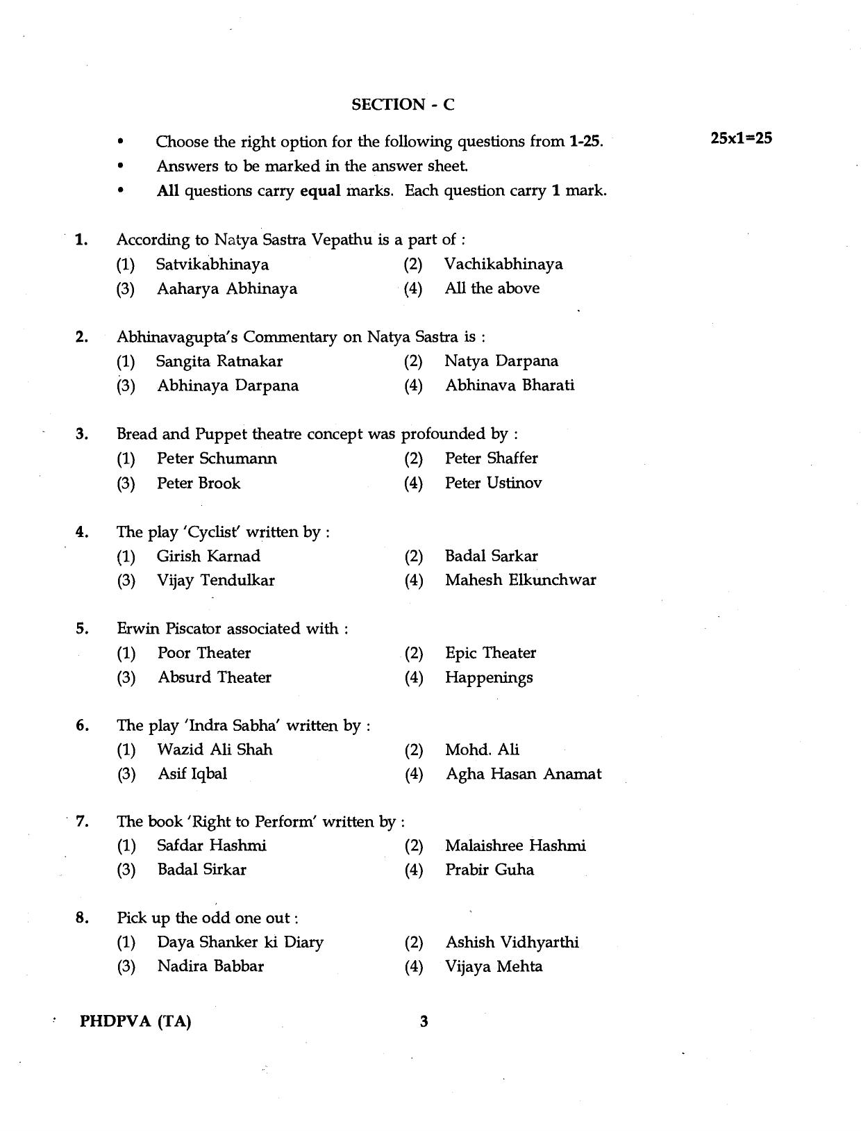 IGNOU PhD Entrance Test Ph.D. Performing And Visual Arts (Theatre Arts) 2016 Question Paper - Page 3