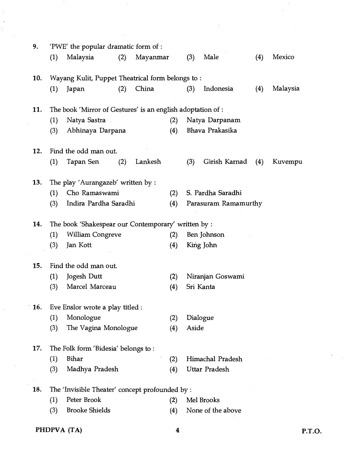 IGNOU PhD Entrance Test Ph.D. Performing And Visual Arts (Theatre Arts) 2016 Question Paper - Page 4
