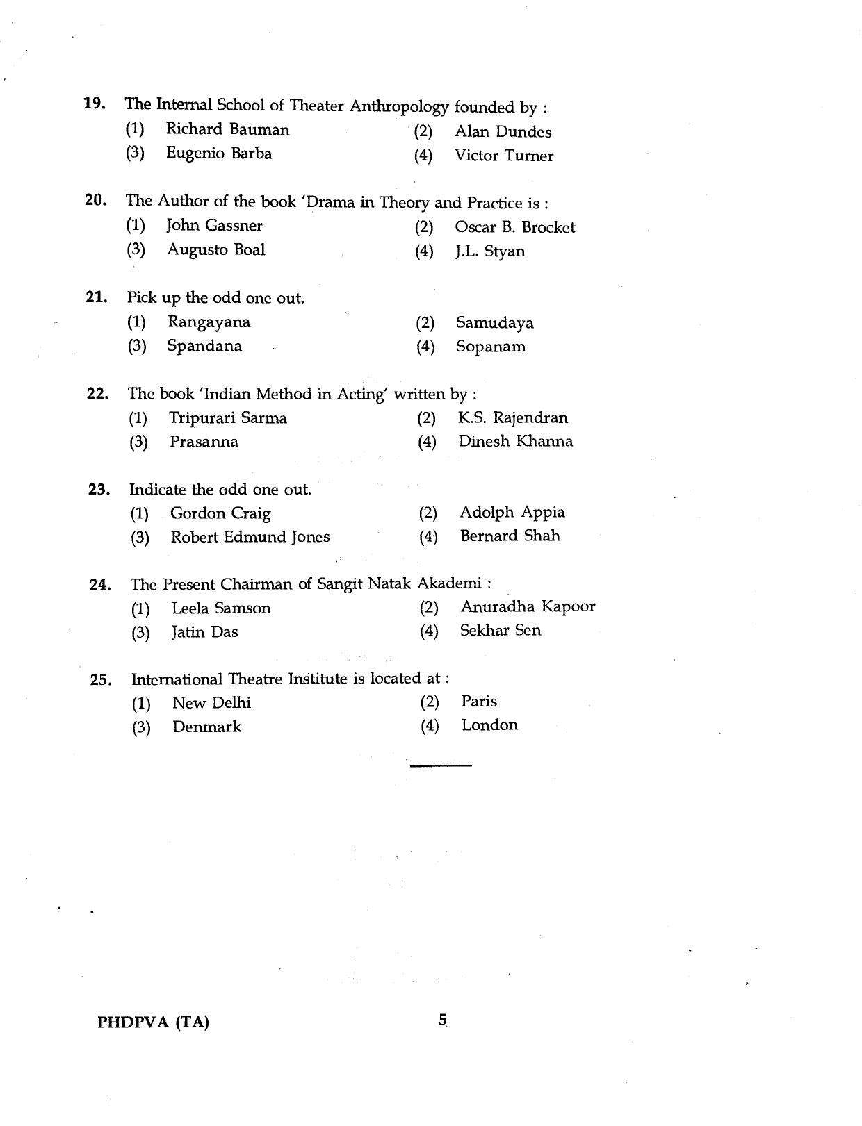 IGNOU PhD Entrance Test Ph.D. Performing And Visual Arts (Theatre Arts) 2016 Question Paper - Page 5