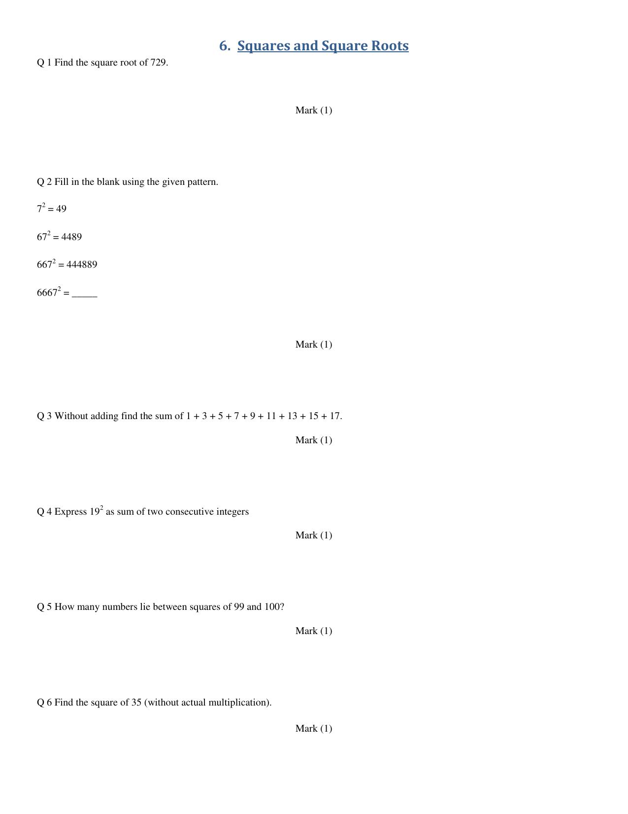 CBSE Worksheets for Class 8 Mathematics Square and Square Root Assignment 1 - Page 1