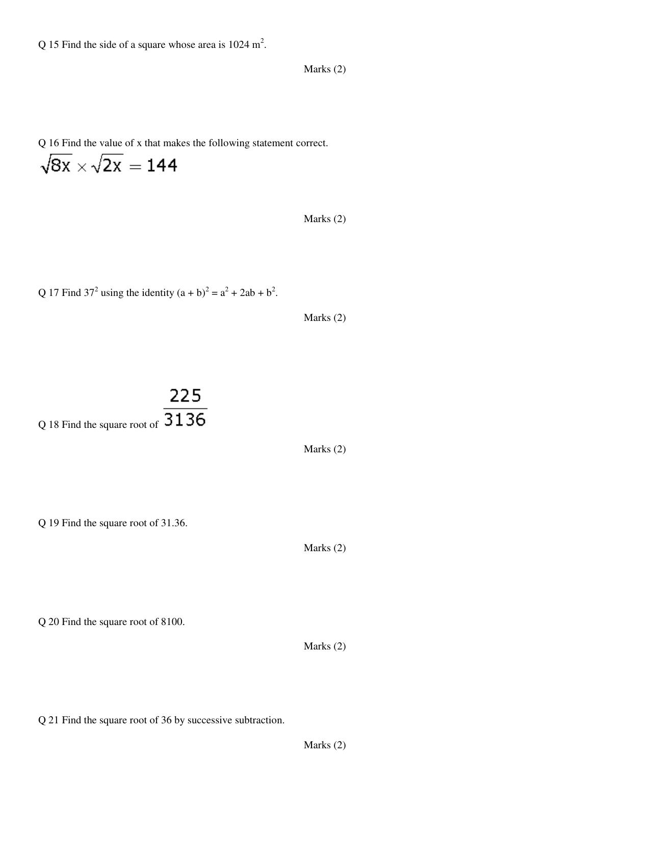 CBSE Worksheets for Class 8 Mathematics Square and Square Root Assignment 1 - Page 3